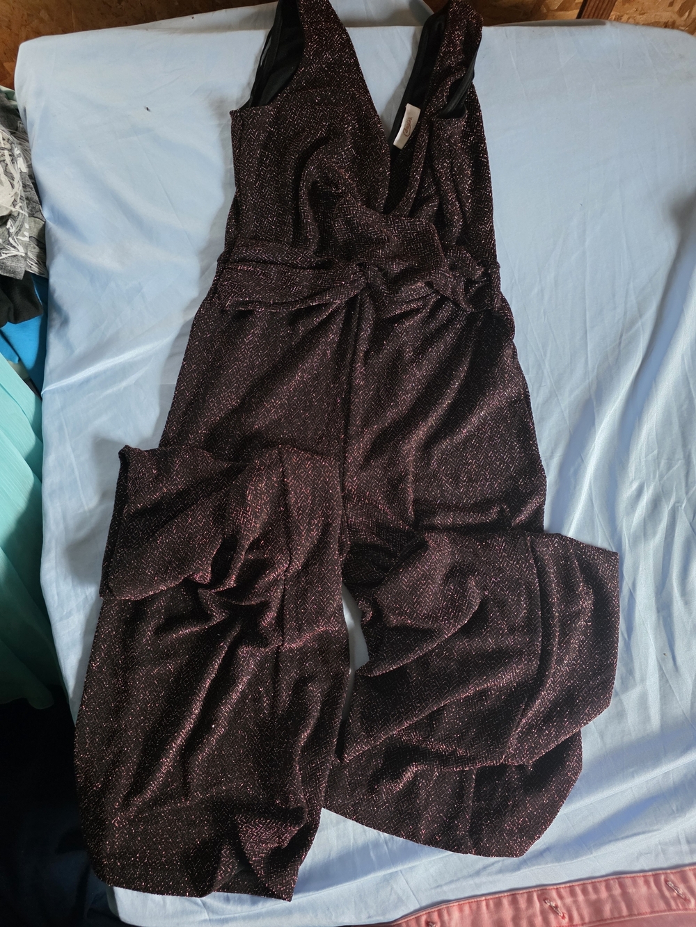 Candie's Sparkle Deep Plum V-Neck Wide-Leg Jumpsuit